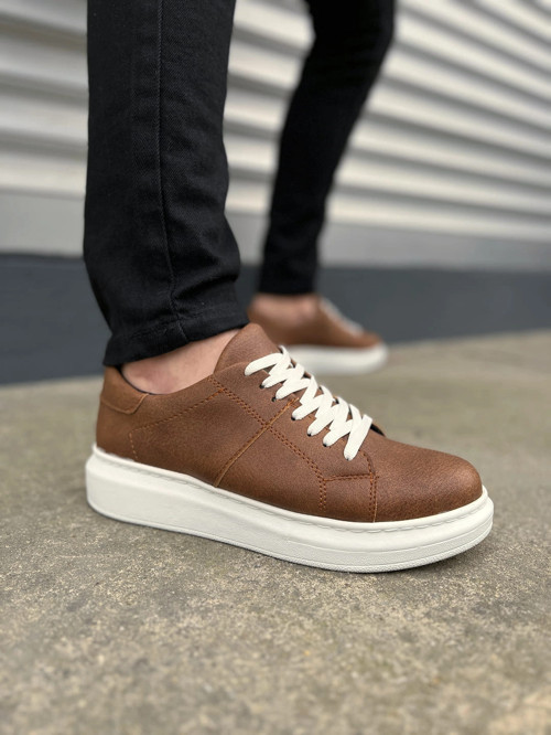 Tsoob Bağcıklı Cilt Erkek Günlük Rahat Taban Sneaker Ayakkabı - Taba Beyaz