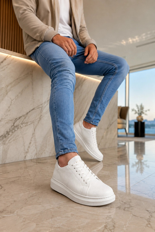 Tsoob Bağcıklı Cilt Erkek Günlük Rahat Taban Sneaker Ayakkabı - Beyaz