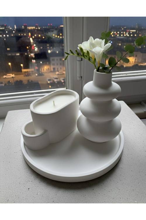 Modern Minimalist Beyaz Beton Dekoratif Obje ve Mum Seti (3'lü)