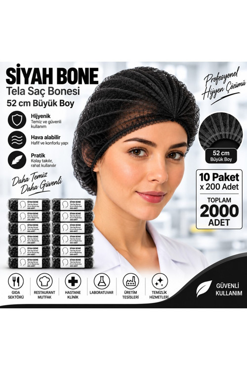 Saç Bonesi Siyah Tela 52 cm Büyük Boy – 10 Paket x 200 Adet – Toplam 2000 Adet