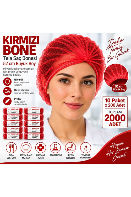 Saç Bonesi Kırmızı Tela 52 cm Büyük Boy Çift Lastikli 10 Paket x 200 Adet – Toplam 2000 Adet