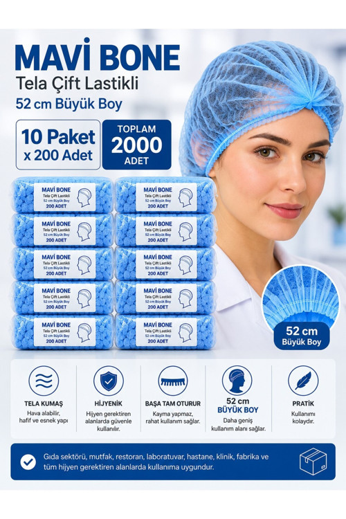 Saç Bonesi - Mavi Tela kumaş 52 cm Büyük Boy Çift Lastikli – 10 Paket x 200 Adet – Toplam 2000 Adet