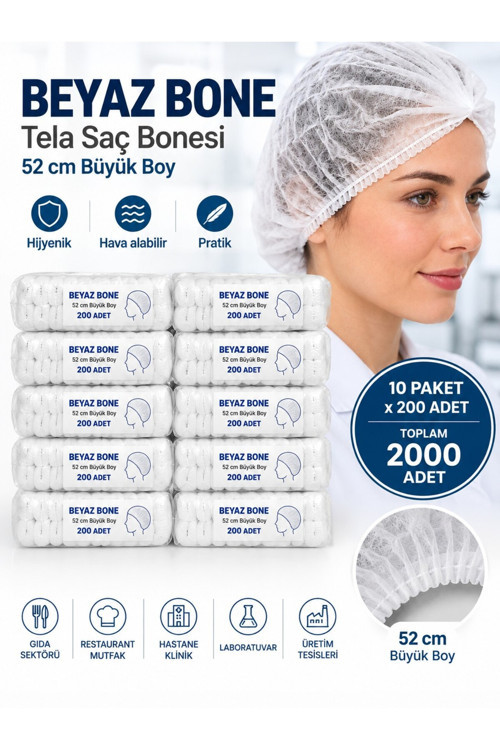 Saç Bonesi Beyaz Tela 2000 Adet – 10 Paket x 200 Adet – 52 cm Büyük Boy – Hijyenik Kullanım