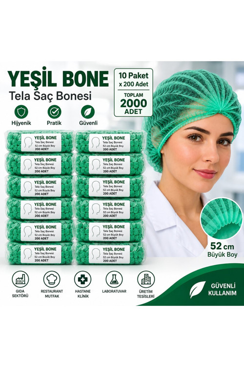 Saç Bonesi Yeşil - 2000 Adet – 10 Paket x 200 Adet – Tela - 52 cm Büyük Boy – Hijyenik Kullanım