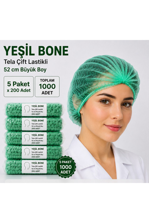 Yeşil Bone Tela Çift Lastikli 52 cm Büyük Boy – 5 Paket x 200 Adet – Toplam 1000 Adet