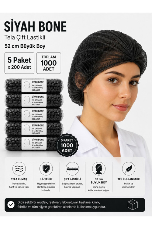 Siyah Bone Tela Çift Lastikli 52 cm Büyük Boy – 5 Adet x 200 lü Paket – Toplam 1000 Adet