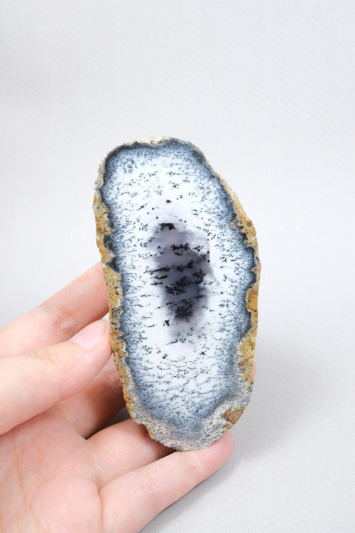 Blue and Snowy White Merlinit - Dendritik Opal Dilimi ile Siyah İçermeler, 186g