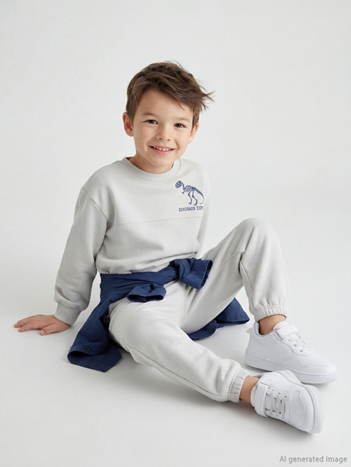 LCW Kids Gri Dinozor Baskılı Erkek Çocuk Sweatshirt Ve Eşofman Altı