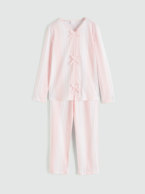 LCW Kids Beyaz V Yaka Fiyonk Detaylı Kız Çocuk Pijama Takımı