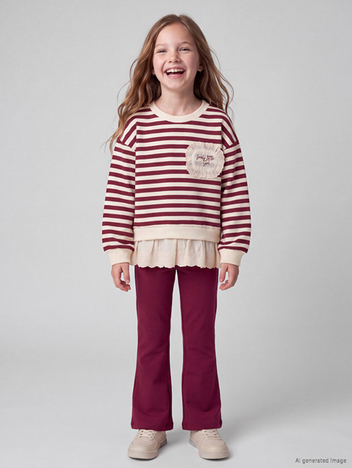 LCW Kids Bordo Fırfırlı Çizgili Kız Çocuk Takım
