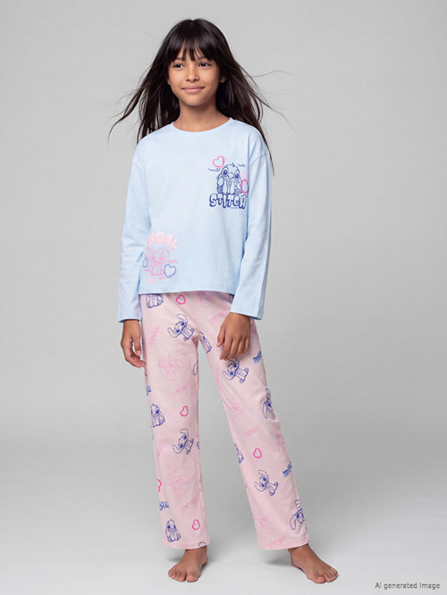 LCW Kids Mavi Stitch Ve Angel Baskılı Kız Çocuk Pijama Takımı