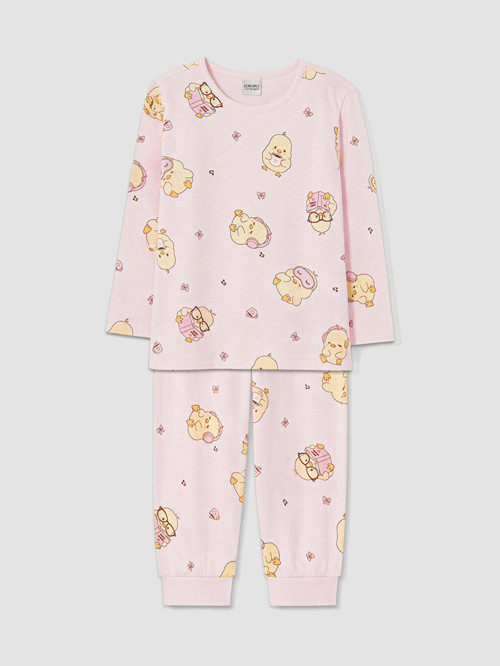 LCW Kids Pembe Civciv Baskılı Kız Çocuk Pijama Takım