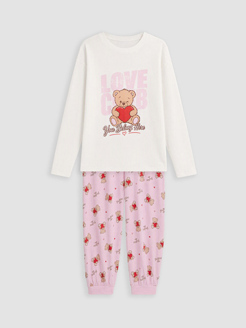 LCW Kids Ekru Bisiklet Yaka Kız Çocuk Pijama Takım