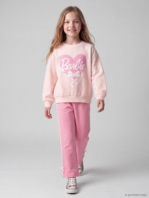 LCW Kids Pembe Barbie Baskılı Kız Çocuk Takım