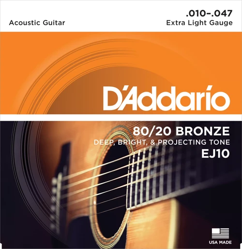 Daddarıo Ej10 Akustik Gitar Tel Seti, 80/20 Bronze, Extra Lıght