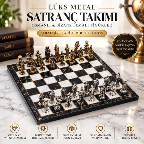 Lüks Metal Satranç Takımı Krom Kaplama Gold Figürlü Siyah Mermer Desenli Ahşap Tahta 25x25cm Premium