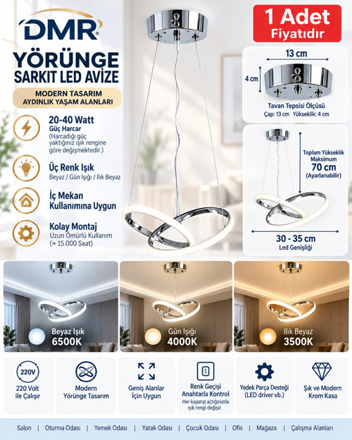 Yörünge Sarkıt Led Avize KROM Kasa 35w 220 Volt Üç Renk 6500k/4000k/3000k (Beyaz /Ilık Beyaz/Sar