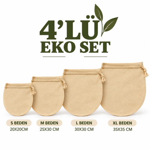 4’lü Eko Set Pamuk Süzme Torbası – Badem ve Yulaf Sütü, Süzme Yaoğurt, Lor ve Kese Peyniri Yapımı İçin Süzgeç (S-M-L-XL)