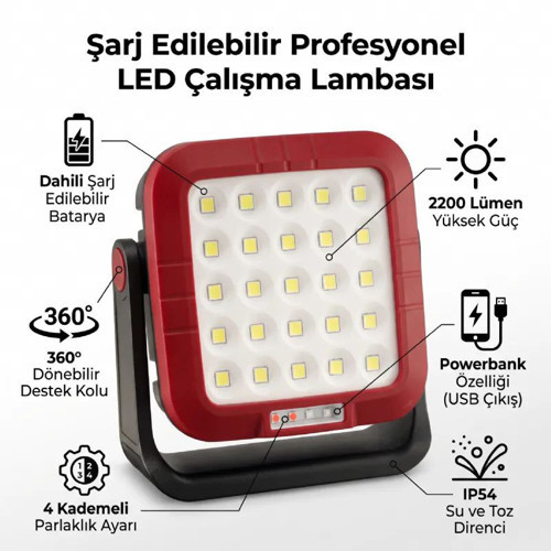 CM-803 Şarjlı Profesyonel LED Çalışma Lambası - 2200 Lümen, Powerbank Özellikli, Mıknatıslı ve Askılı Projektör Kamp & Atölye Feneri