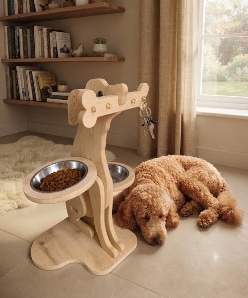Dekoratif Köpek Mama ve Su Kabı Standı – 3 Kademeli Ayarlanabilir Yükseklik