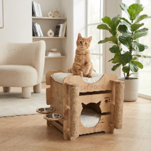 3 Fonksiyon Bir Arada Ahşap Kedi Evi