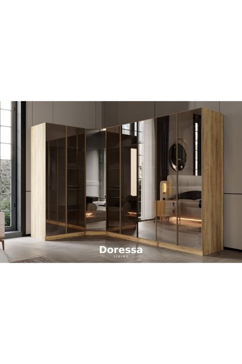 Doressa Home Bend Walnut 8 Kapılı Reflekte Camlı Köşe Gardırop