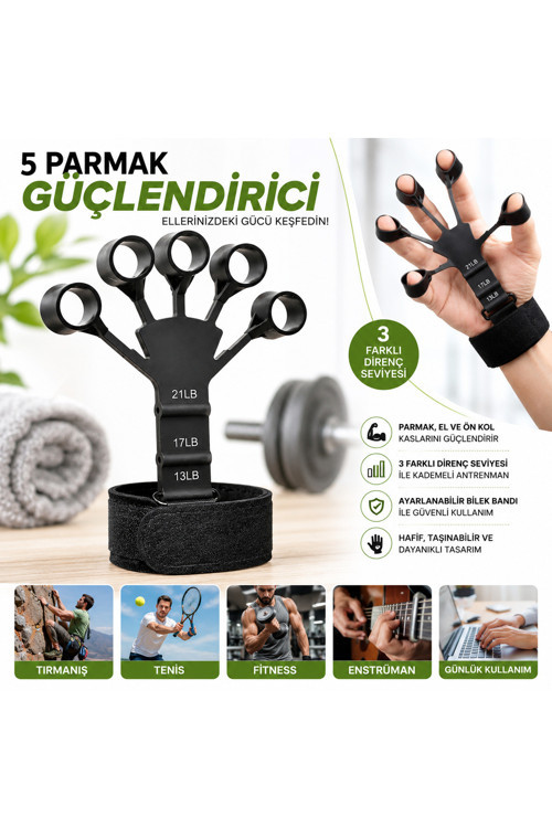 5 Parmak Dirençli El ve Parmak Güçlendirici Ayarlanabilir Egzersiz Bandı