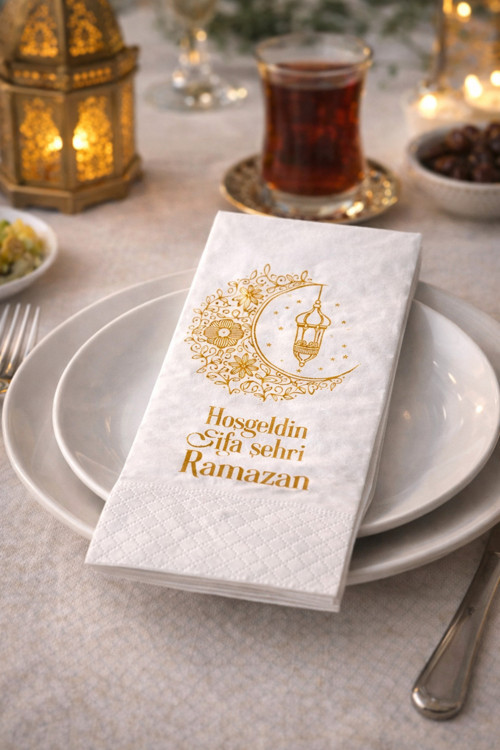 Gold Desenli Ramazan Sofra Peçetesi 25li İftar ve Sahur Masaları İçin Dekoratif Peçete 33x33 cm