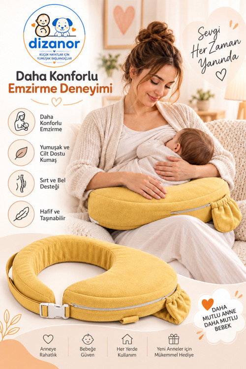 Ayarlanabilir Kemerli Çok Amaçlı Emzirme Minderi Fermuarlı Yıkanabilir Kılıf 56x50x11 cm