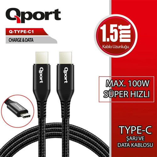 Q-TYPE-C1 1.5 METRE TYPE-C 100W PD ŞARJ VE DATA KABLOSU