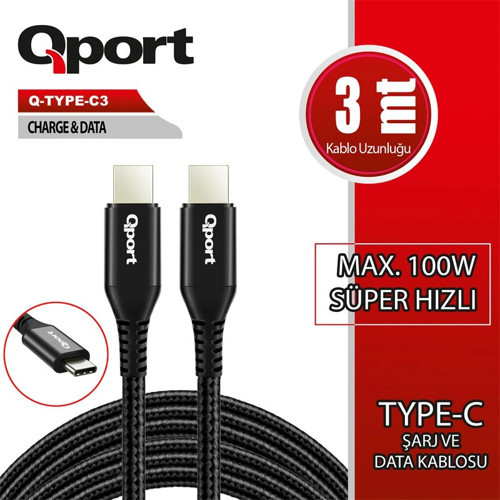 Q-TYPE-C3 3 METRE TYPE-C 100W PD ŞARJ VE DATA KABLOSU