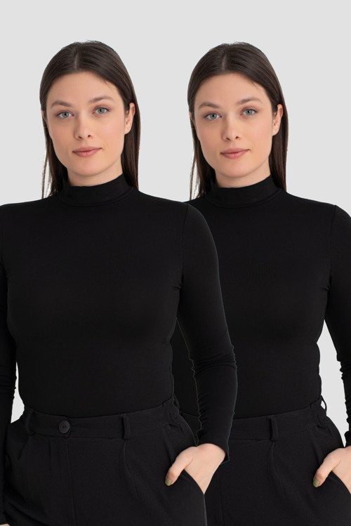 Kadın Balıkçı Yaka Uzun Kollu Body 2'li Paket