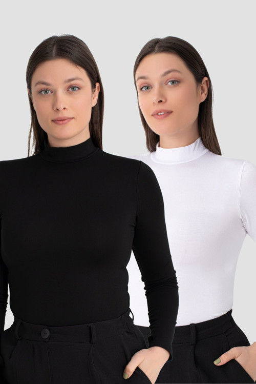 Kadın Balıkçı Yaka Uzun Kollu Body 2'li Paket