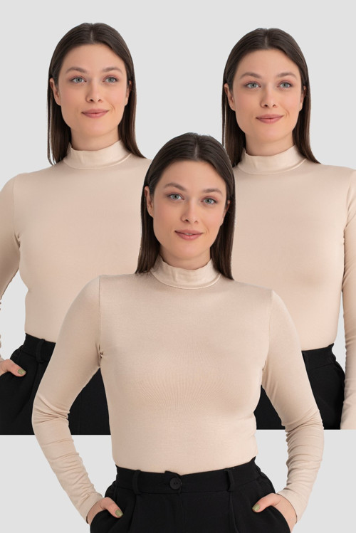 Kadın Balıkçı Yaka Uzun Kollu Body 3 Adet