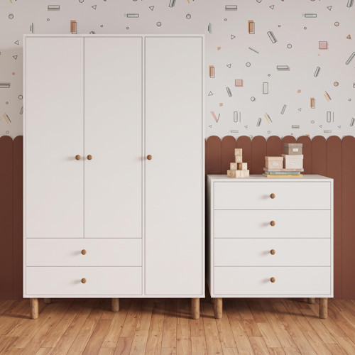 TK3040 Bunny Beyaz 3 Kapaklı Gardırop ve 4 Çekmeceli Şifonyer,Yüksek Ayaklı Bebek,Çocuk Odası Takımı