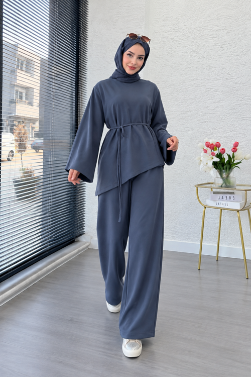 Asimetrik Tunik Pantolonlu Tesettür İkili Takım