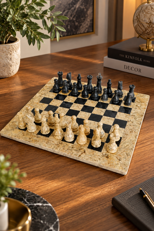 Siyah Oniks ve Fosilli Doğal Taş Satranç Takımı 38x38 cm El Yapımı Dekoratif Satranç Seti