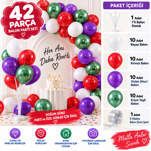 🎈 42 PARÇA BALON PARTİ SETİ – KUTLAMALARINIZ İÇİN KOMPLE DEKORASYON