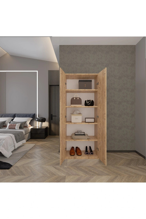 2 Kapaklı 5 Katlı Çok Amaçlı Atlantik Çam Elbise Dolabı 70 Cm