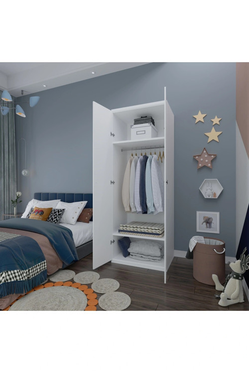 2 Kapaklı Elbise Dolabı - Genç Odası Dolabı Beyaz 80 cm Genişlik