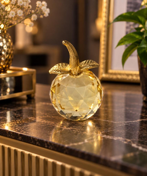 Kristal Elma Biblo Küçük Dekoratif Obje Gold Detaylı Masaüstü Vitrin Süsü 7,5 x 5 cm