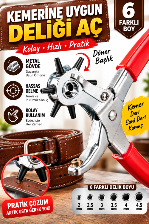 Evde 6 Farklı Boy Kemer Delme Pensesi Döner Başlıklı Metal Delik Açma Aparatı Deri Kemer Kayışı için