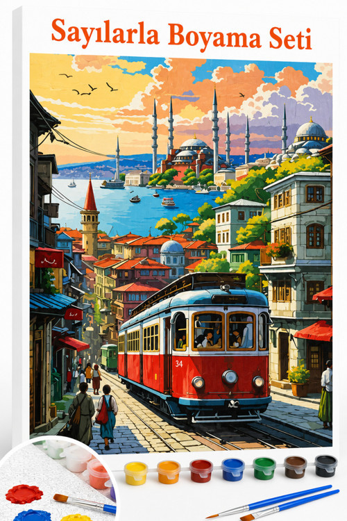 Sayılarla Boyama Çerçeveli Hobi Seti Numaralı Tuval Fırça Boya Dahil TRAMVAY KIRMIZI 40X50