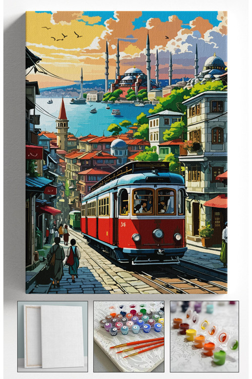 Sayılarla Boyama Çerçeveli Hobi Seti Numaralı Tuval Fırça Boya Dahil Kasnaklı İSTANBUL 40X50 Cm