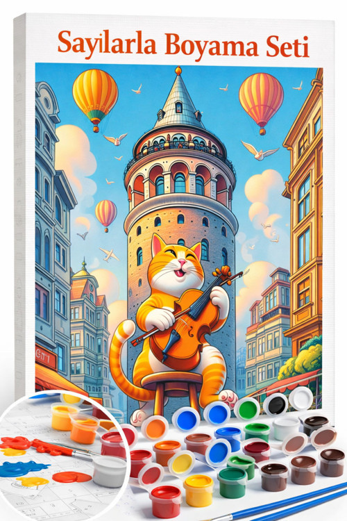 Sayılarla Boyama Çerçeveli Hobi Seti Numaralı Tuval Fırça Boya Dahil KEDİLİ GALATA 40X50