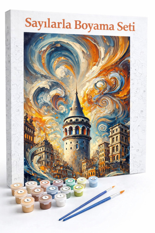 Sayılarla Boyama Çerçeveli Hobi Seti Numaralı Tuval Fırça Boya Dahil Kasnaklı GALATA KULESİ 40X50Cm