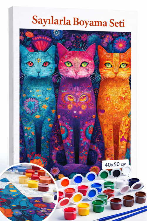 Sayılarla Boyama Çerçeveli Hobi Seti Numaralı Tuval Fırça Boya Dahil ÜÇ KEDİ 40X50cm
