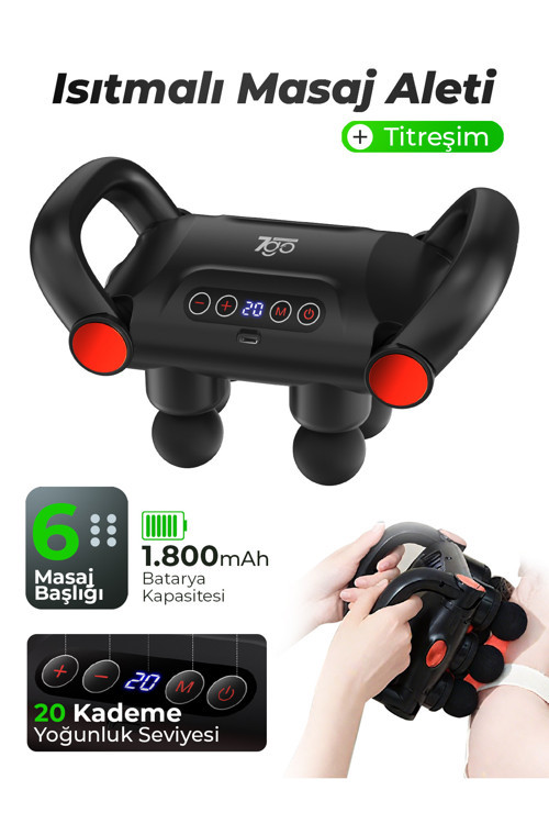 7GMG5 Isıtmalı Masaj Tabancası – 6 Başlıklı, 5 Modlu, 20 Kademeli, LCD Ekranlı Titreşimli Masaj
