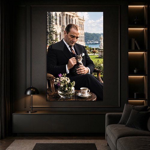 Mustafa Kemal Atatürk ve Kedi Cam Tablo | Atatürk Portresi | Salon Ofis Duvar Dekorasyonu