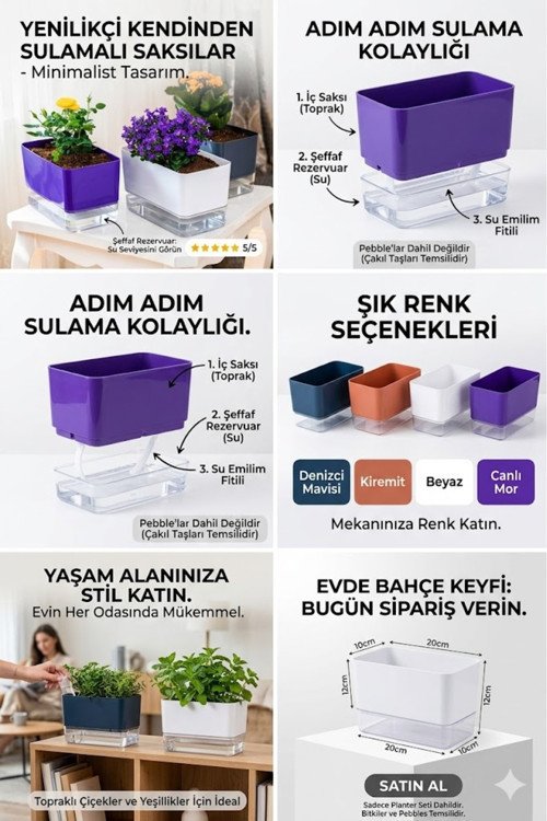 Akıllı Saksı 3 Lü Dekoratif Dikdörtgen Akıllı Saksı